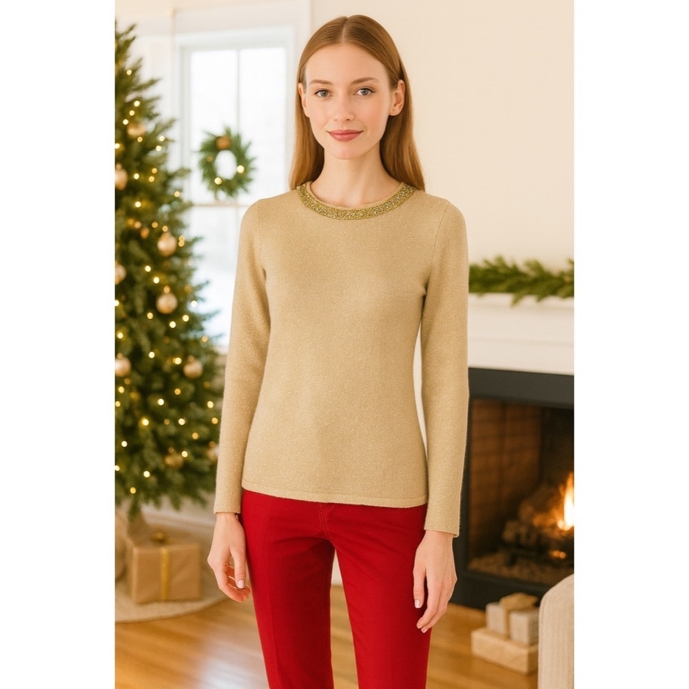 J.‎ MCLAUGHLIN Metallic Gold Beaded Neckline Pullover Sweater Beading X-Small